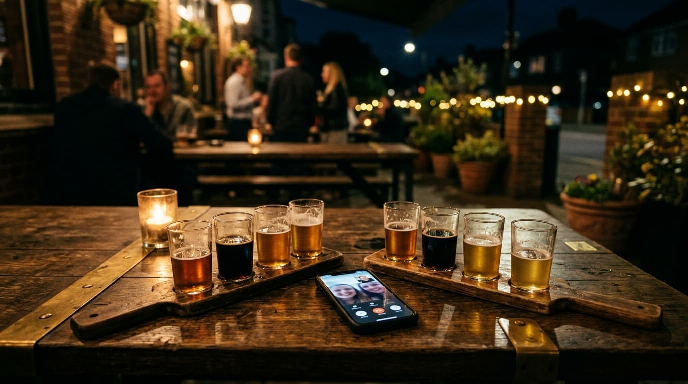 A low-angle 50mm shot of a dark wooden pub table holding two half-full craft beer flights and a single smartphone displayi...