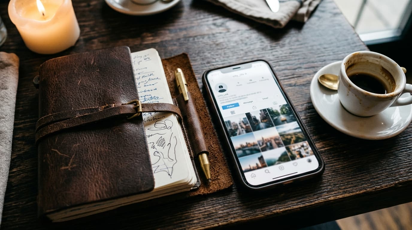 Overhead flat-lay, 100mm macro shot of a single leather-bound planner and a smartphone showing a social media profile, res...