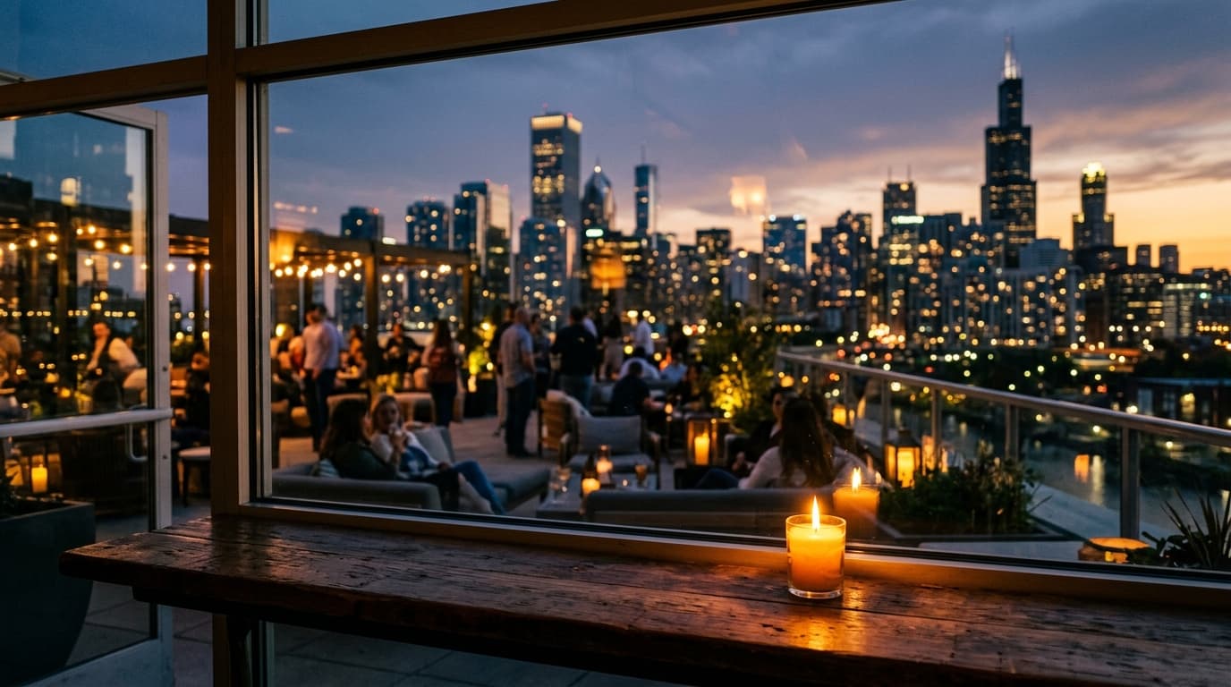 A glowing River North rooftop terrace at dusk, shot through a window. The distant, blurred Chicago skyline sits offset rig...