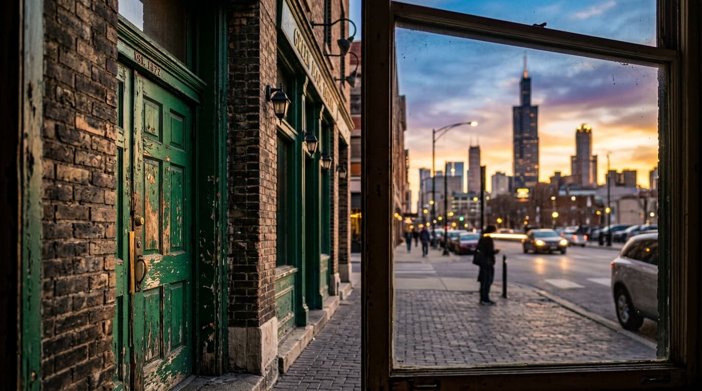 The historic Green Door Tavern facade sits offset left, bathed in bright noon light through a window. The focus rests on t...