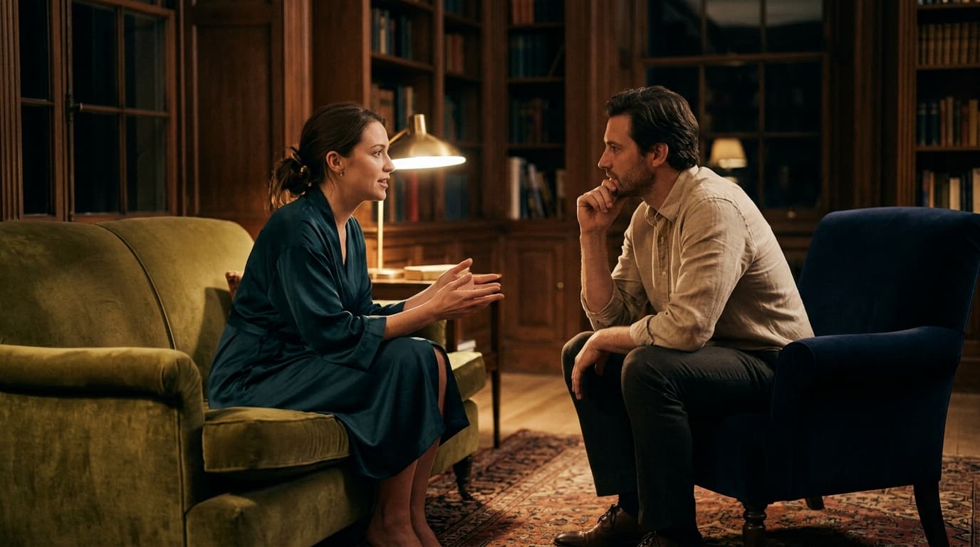 A couple sits on velvet armchairs in a dimly lit study. The man in a linen shirt listens intently as a woman in a silk rob...