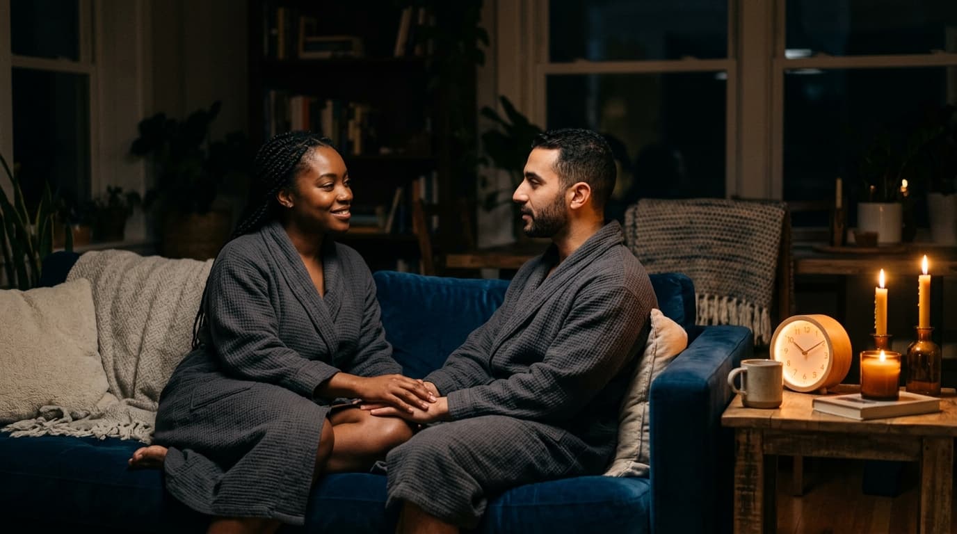 A couple in charcoal cotton robes sits on a velvet couch at night. An analog sunrise alarm clock on the side table glows w...