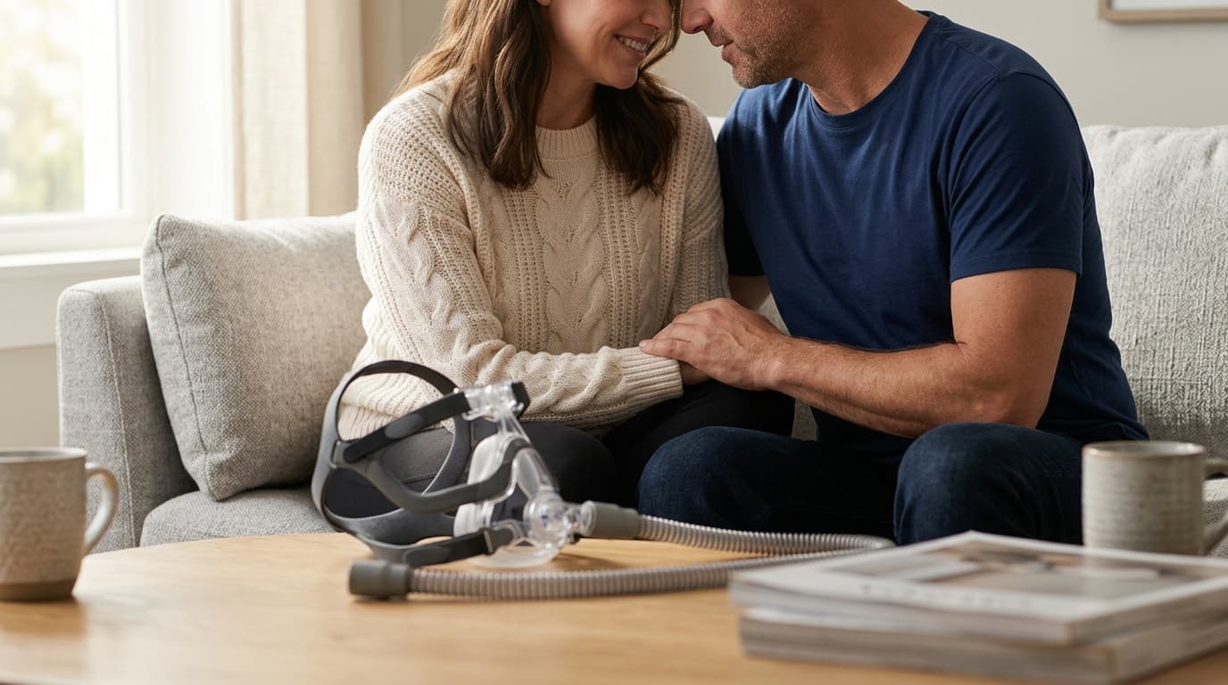 A woman in a cream sweater and a man in a navy t-shirt sit on a sofa, leaning toward each other. A modern CPAP mask rests...