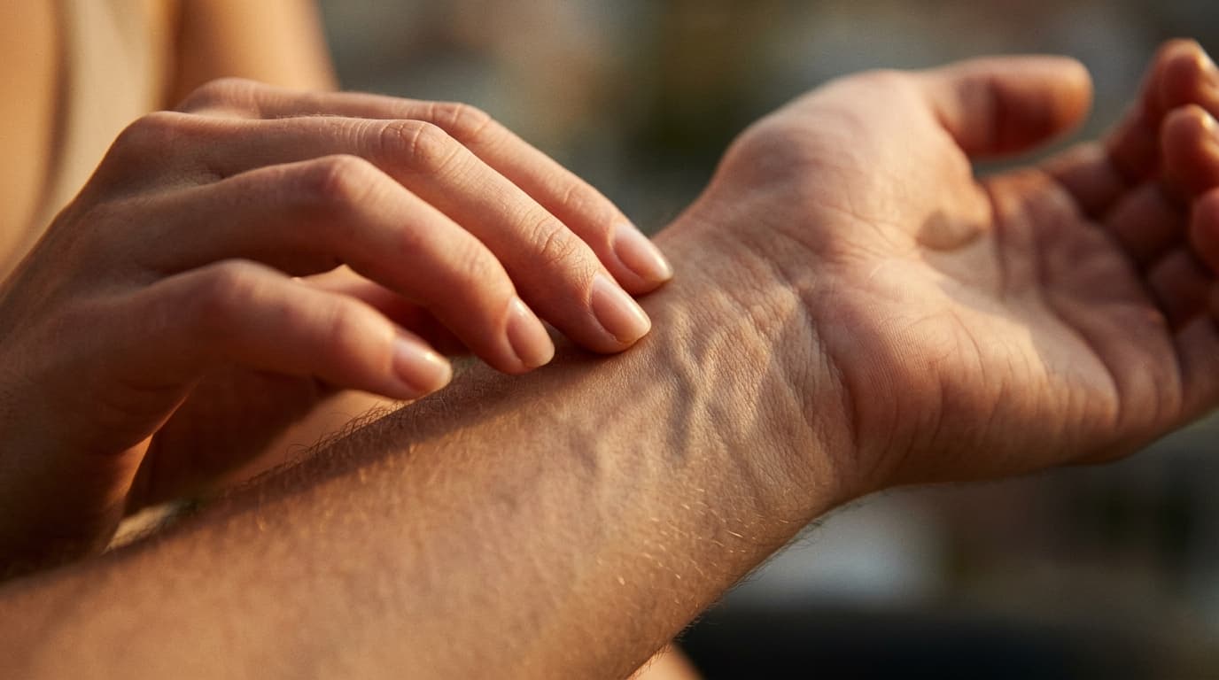 Extreme macro shot, golden hour light. A woman’s fingertips trace the taut, bare skin of a partner’s inner wrist, capturin...