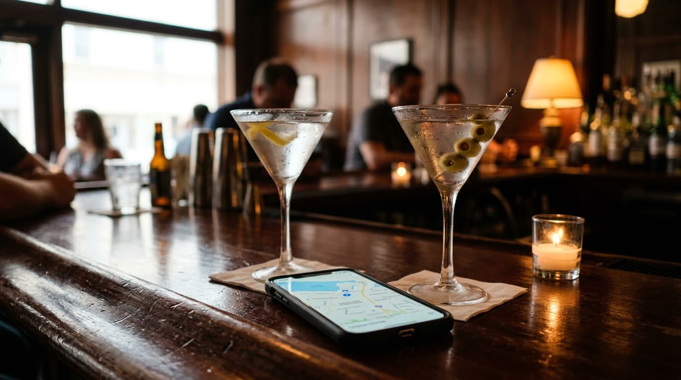 A close-up, tilt-shift focus captures a polished mahogany bar in a dim downtown lounge. Two chilled martini glasses sit be...