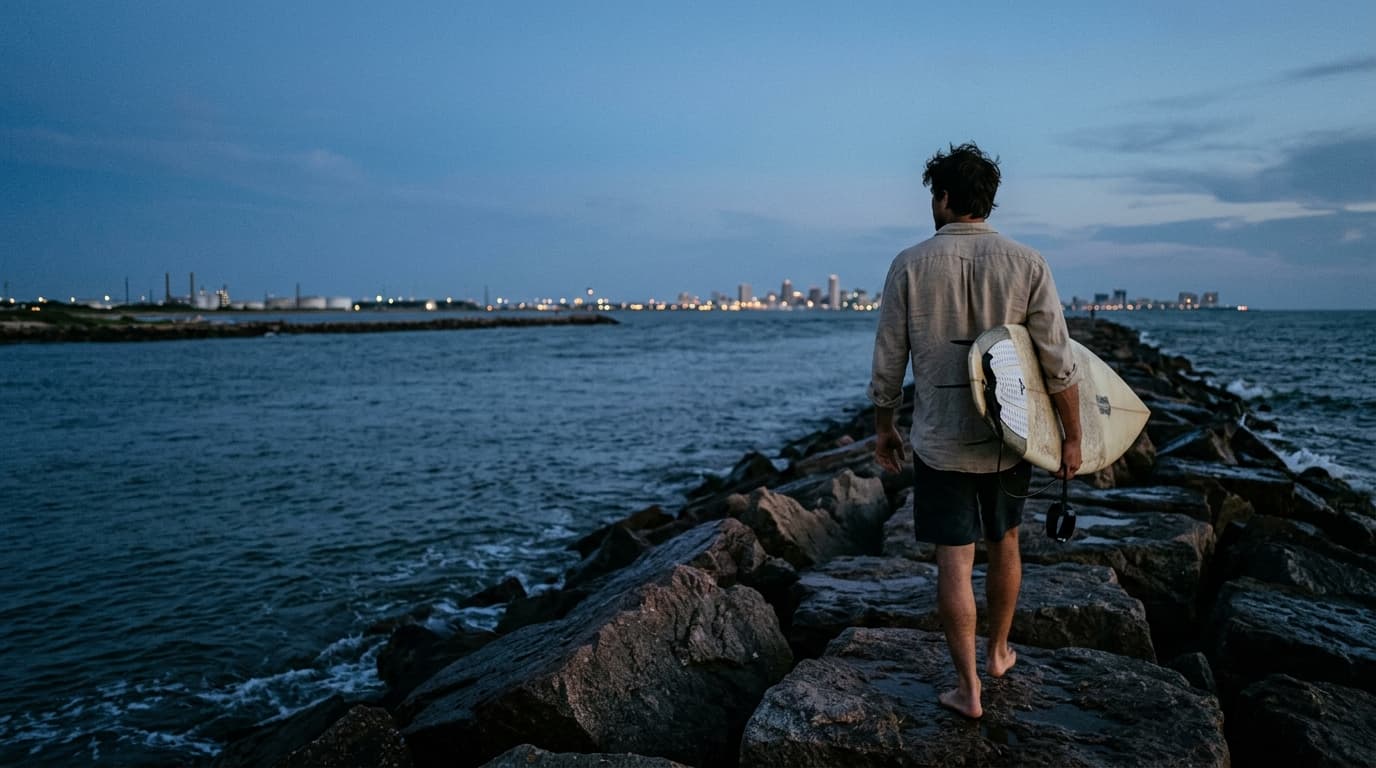 A man in a linen shirt stands on the North Packery Channel jetties at blue hour. He holds a surfboard under one arm, looki...