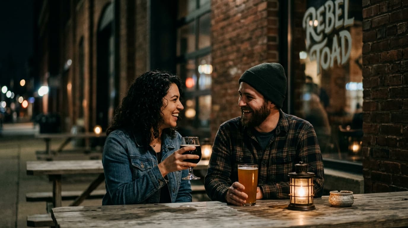 A low-angle 85mm portrait of a couple holding craft beer glasses at an outdoor table at Rebel Toad. Midnight ambient light...