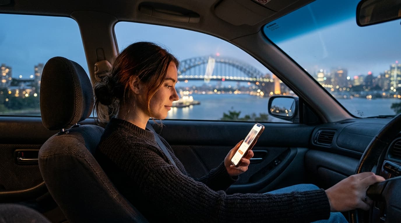 A woman sits in the driver’s seat of a parked sedan during blue hour, illuminated by the warm glow of a smartphone screen,...