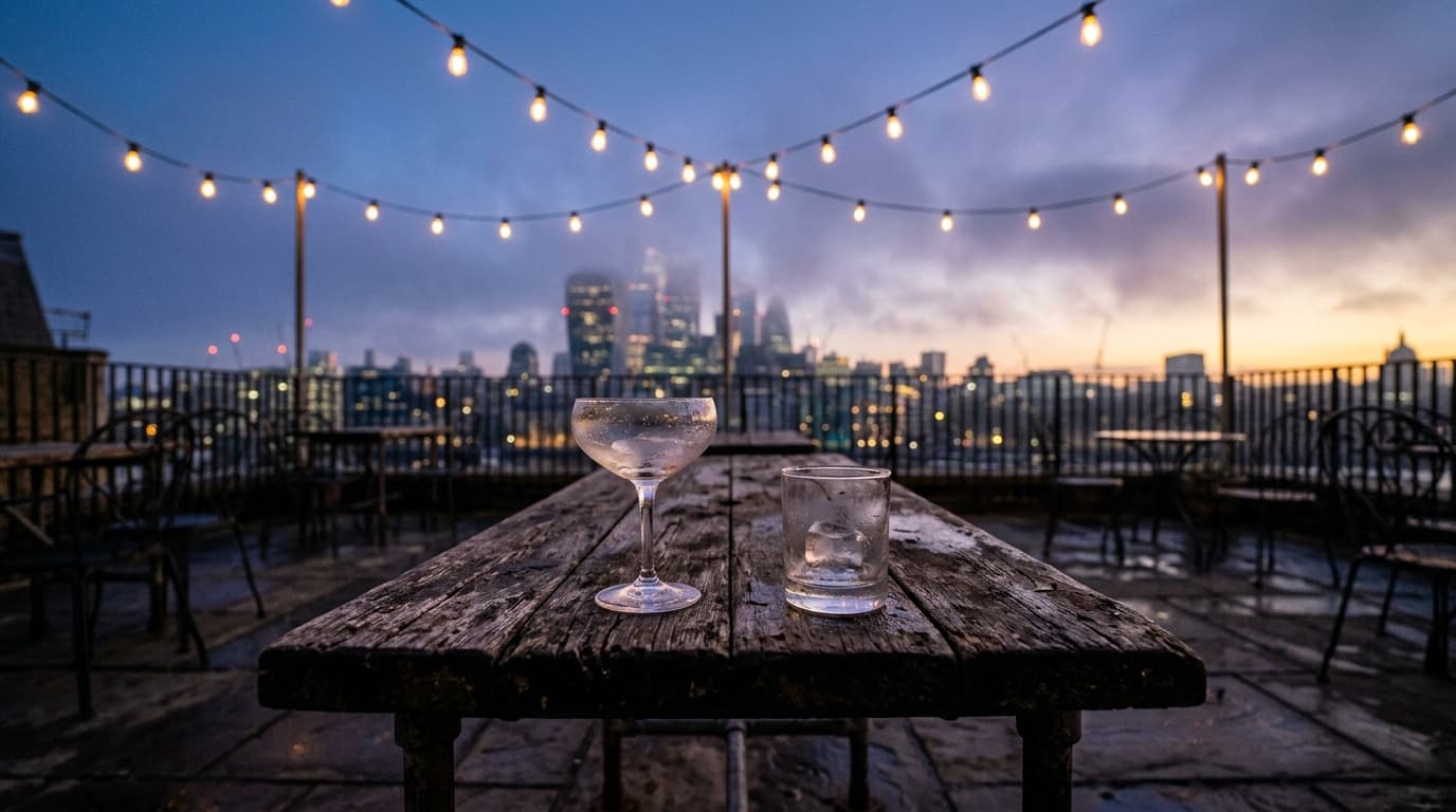 Low-angle wide shot of two empty artisanal cocktail glasses resting on a weathered wooden table at The Post, illuminated b...