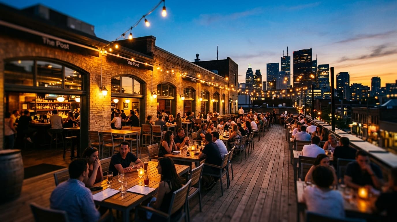A wide, tilt-shift shot of The Post’s outdoor patio at dusk. Warm tungsten lights glow against the building’s brick, with...