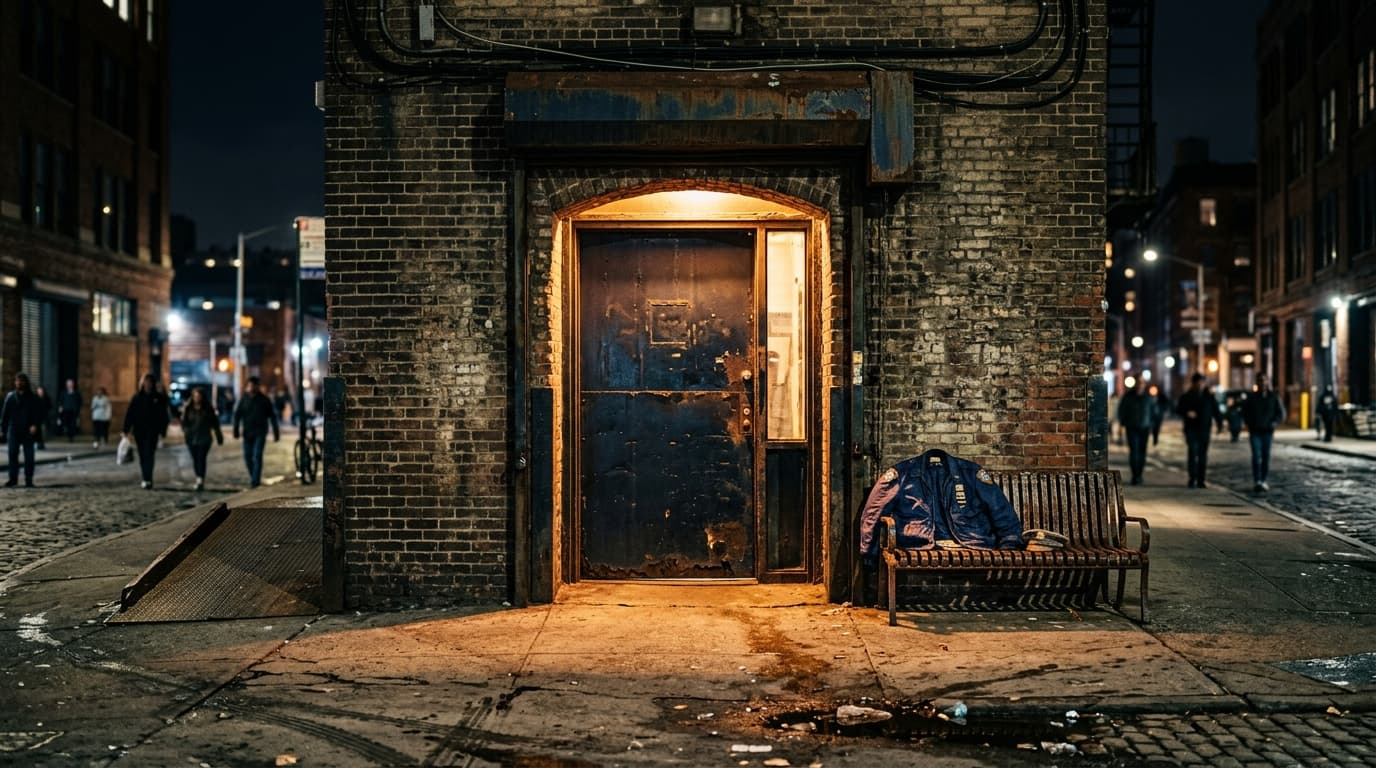 A wide 24mm symmetrical shot of a weathered industrial warehouse doorway at night. Warm tungsten light spills onto the con...