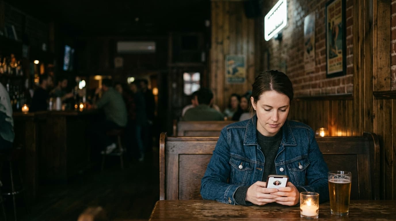 A medium shot, candle-lit interior at the Executive Surf Club. A woman in a dark denim jacket sits alone in the lower thir...
