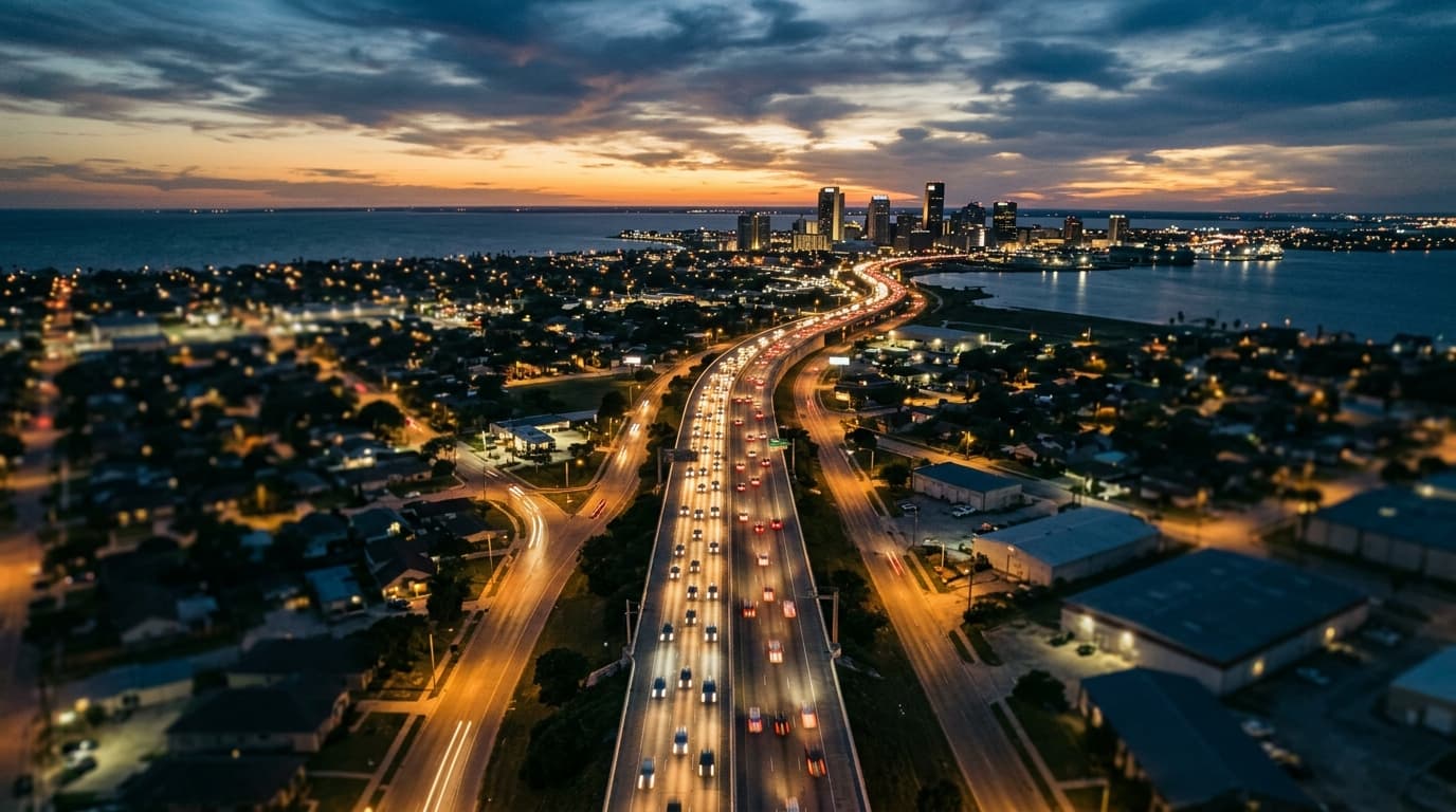 An overhead tilt-shift shot of the illuminated Crosstown Expressway at dusk. Glowing traffic lines flow toward the darkene...