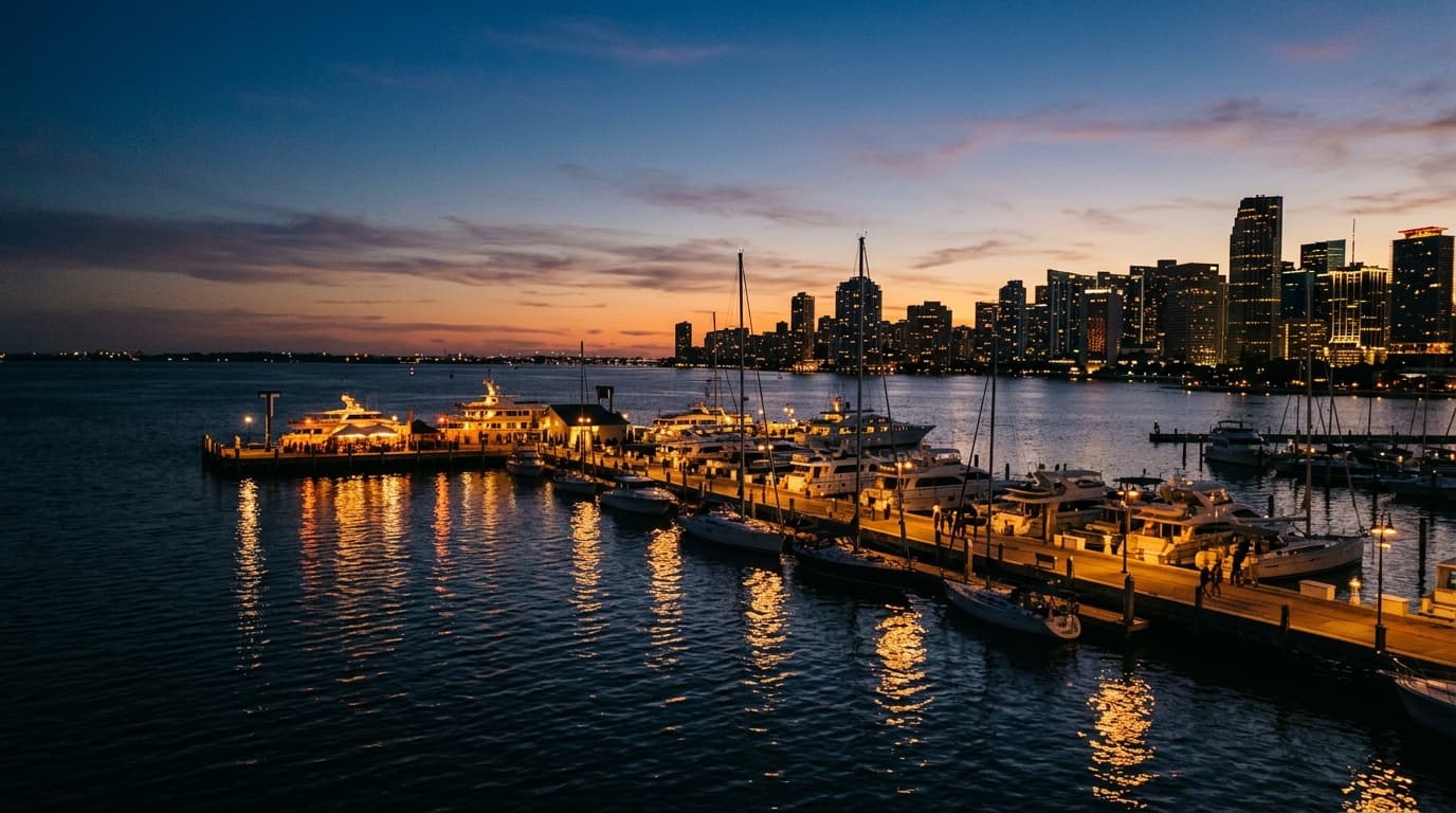 Wide 35mm documentary shot of the T-Head pier at dusk. Warm tungsten lights from docked yachts cast reflections onto the b...