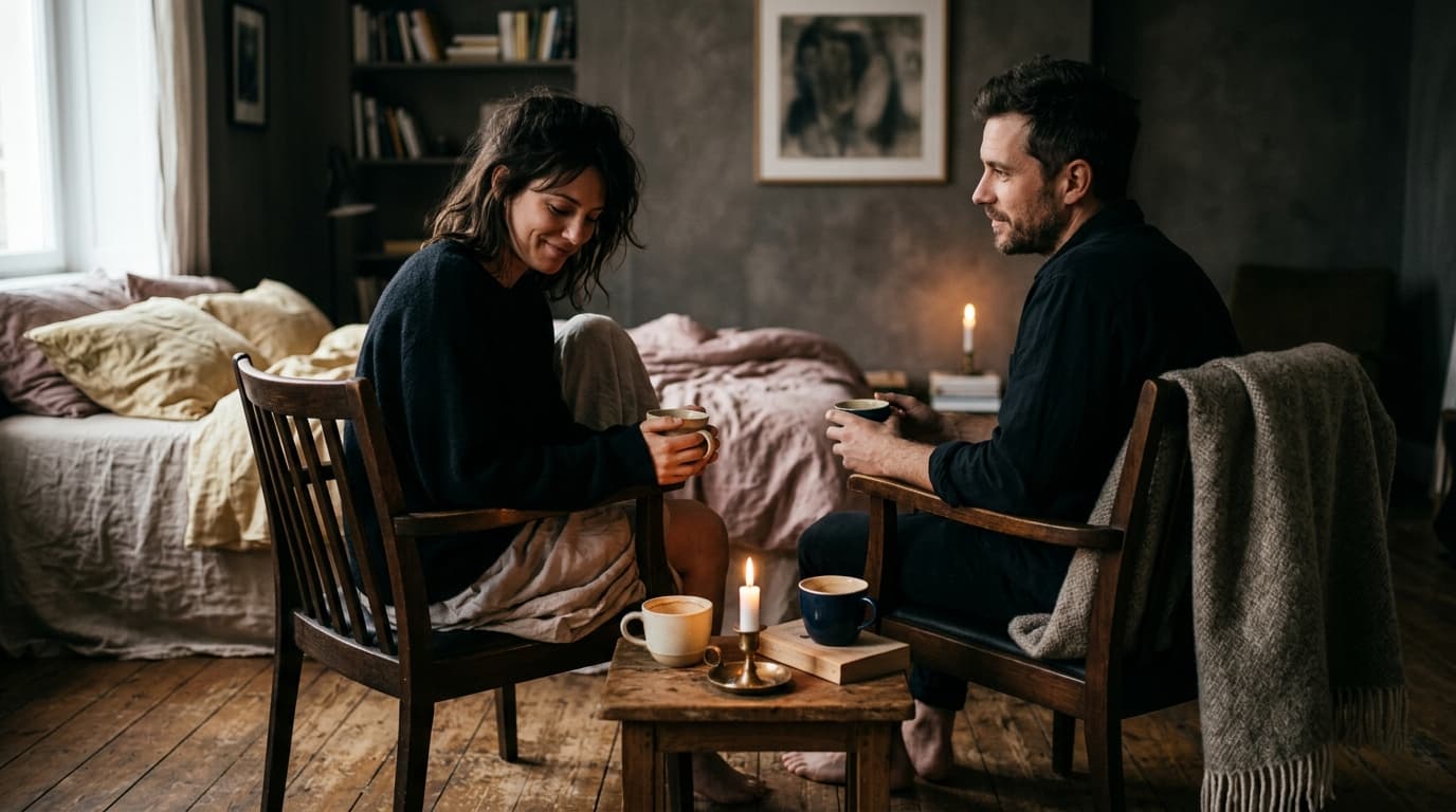 A medium shot captured with a 24mm lens shows two wooden chairs facing each other centered in a dimly candle-lit room. Two...