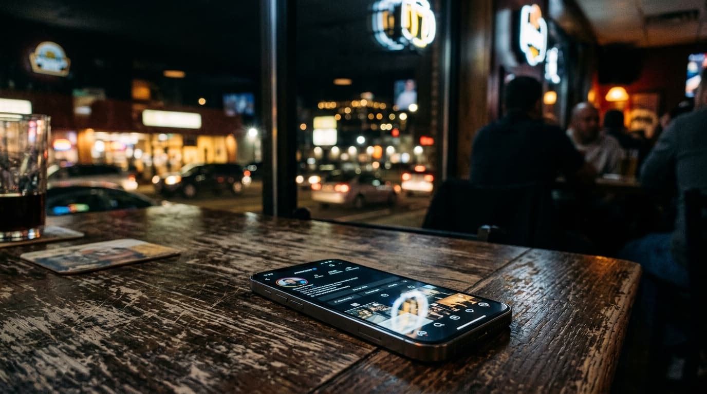 A low-angle, 50mm shot of a modern smartphone resting on a worn wooden table at a Mill Plain Road lounge. The screen displ...