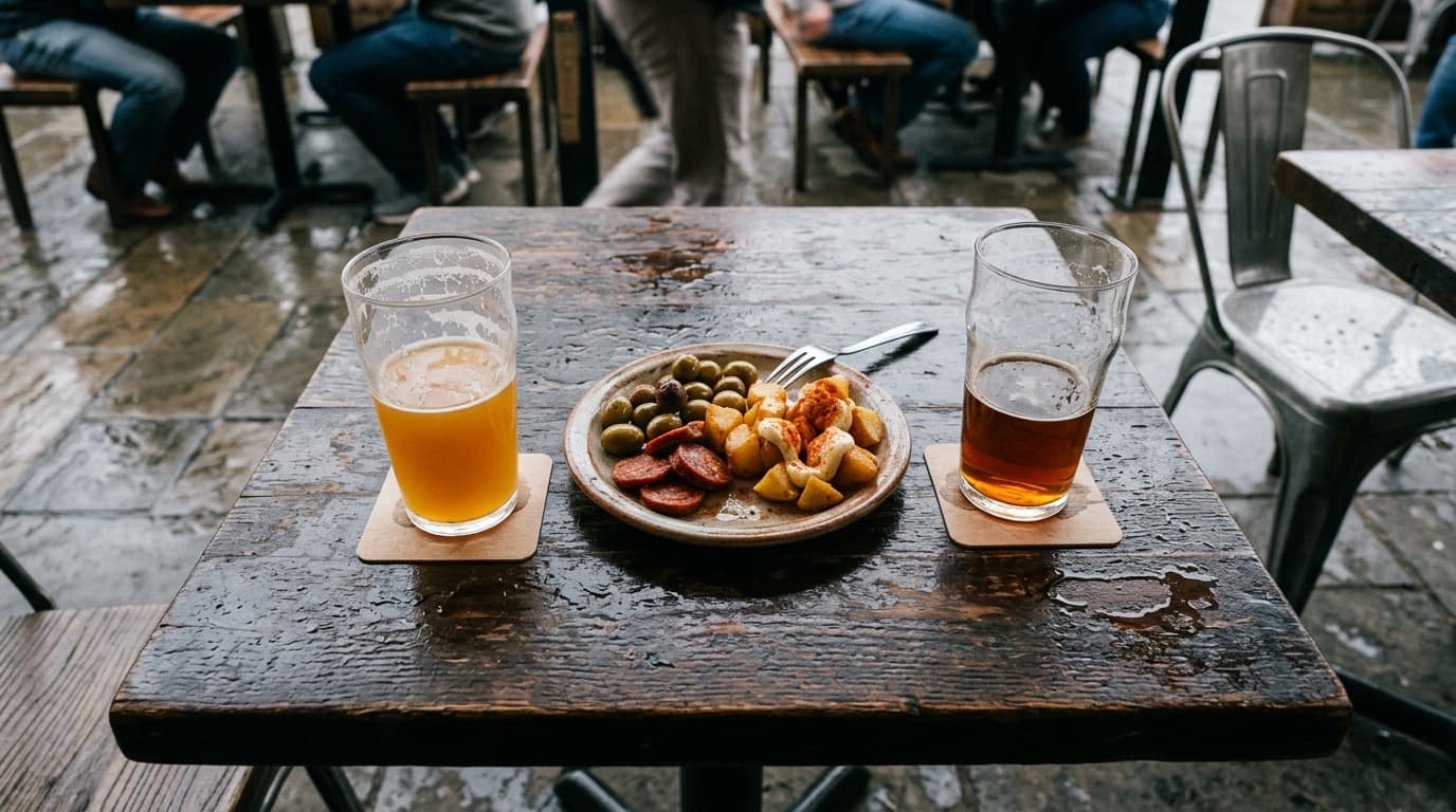Overhead flat-lay of two half-empty glasses of craft beer and a shared plate of tapas on a dark wooden pub table, centered...