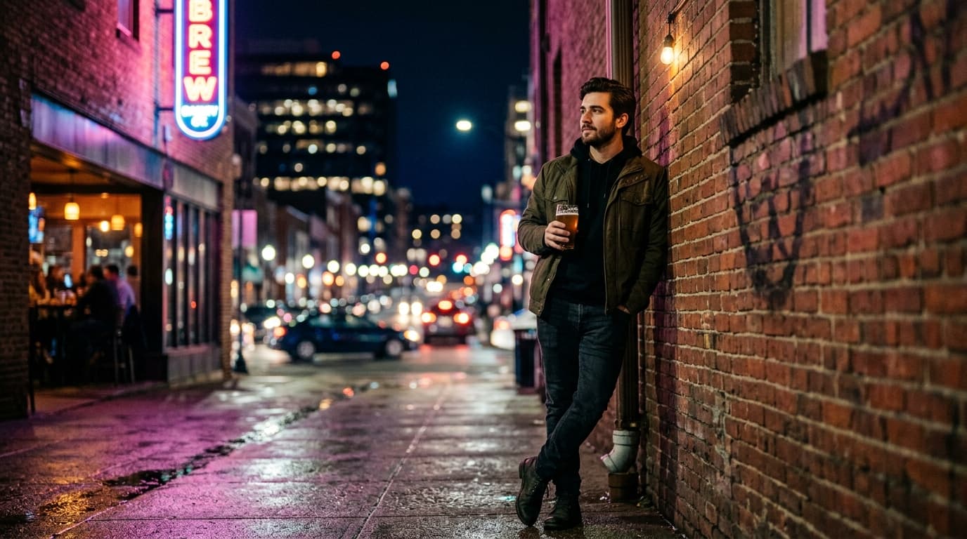 A low-angle, centered shot of a person leaning against a brewery brick wall at night, holding a craft beer. Blurred, shimm...