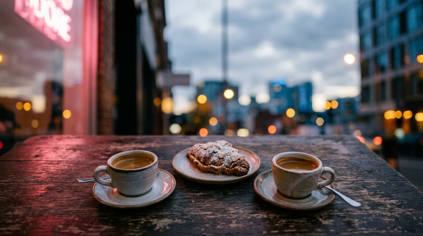 An overhead flat-lay of two artisan espresso cups and a shared pastry on a weathered wooden cafe table, positioned in the...