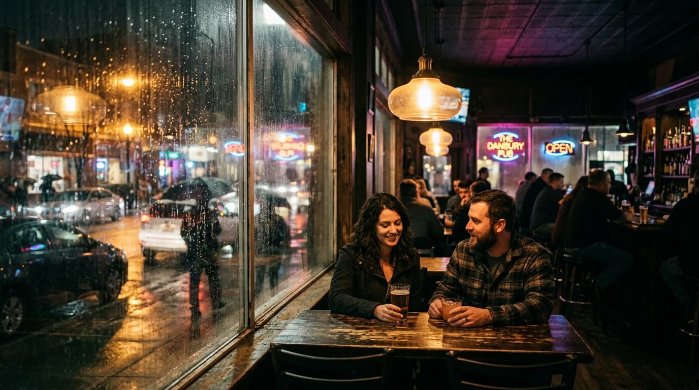 A couple shares a quiet moment at a worn-in downtown Danbury tavern, illuminated by warm tungsten pendant lights. City rai...