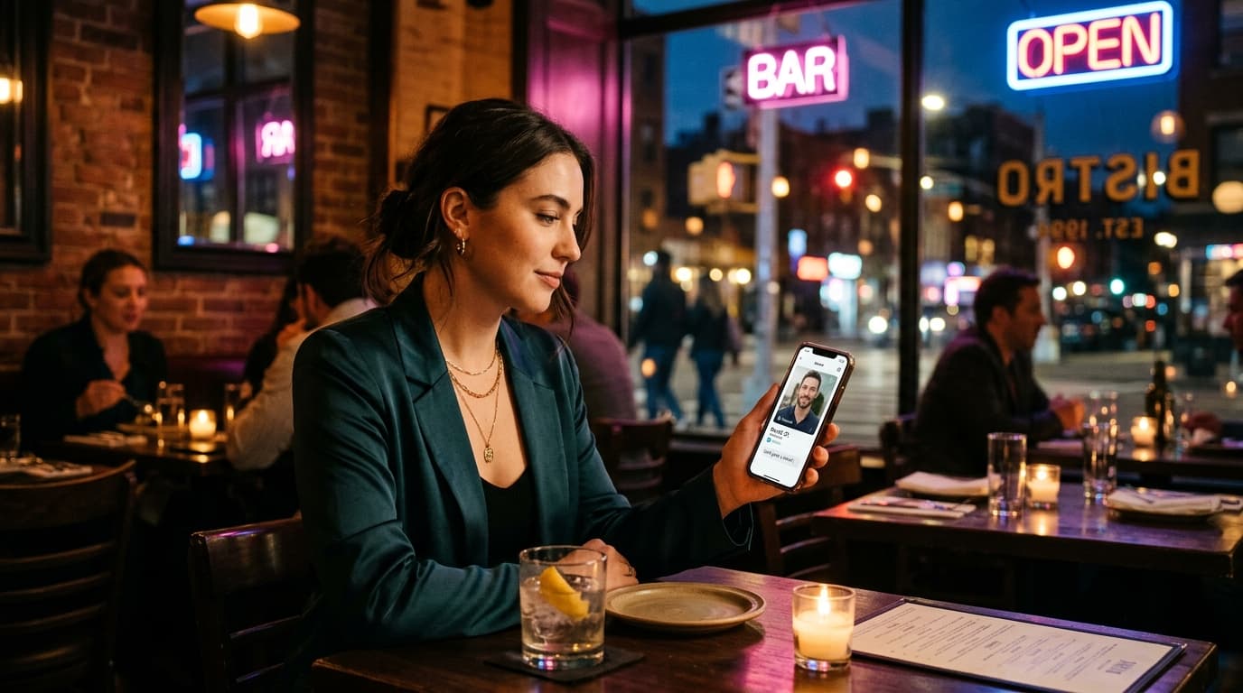 A woman in a silk blazer sits at a bustling Main Street bistro, glancing at a smartphone displaying a verified dating prof...