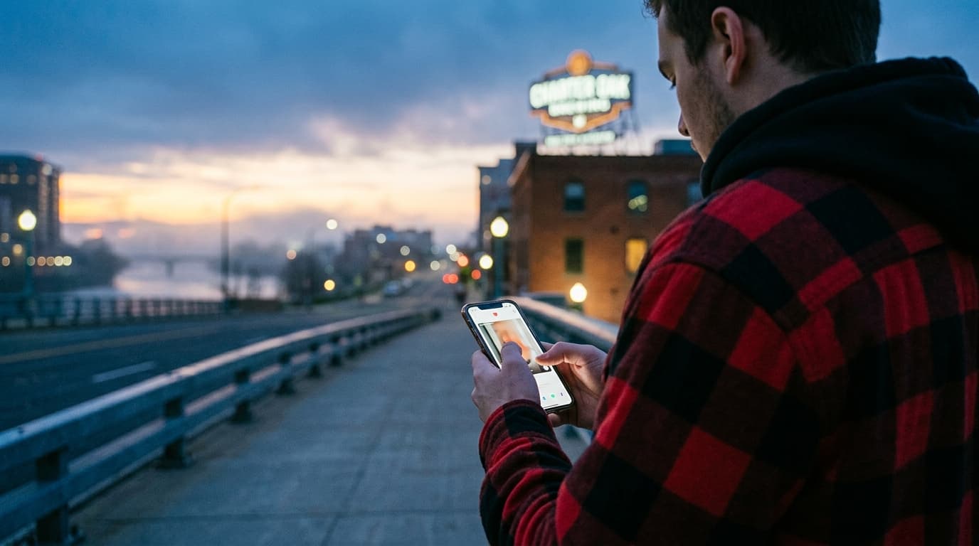 Over-the-shoulder view, blue hour, a person in a flannel shirt tapping a Tinder profile on a smartphone. In the selective-...
