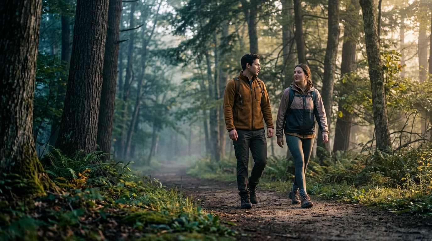 Low-angle hero shot, 35mm documentary. A couple in casual hiking gear walks along a Tarrywile Park trail, offset right. Su...