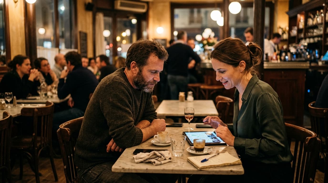 A woman in a silk blouse and a man in a worn sweater sit at a cluttered bistro table, glancing at a shared tablet screen w...