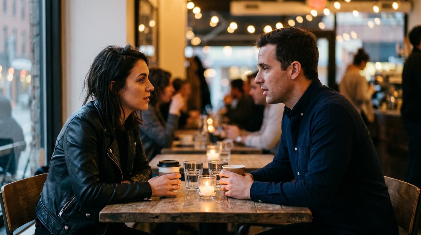 A woman in a leather jacket and a man in a crisp button-down lean across a park bench, holding takeaway coffee cups, their...