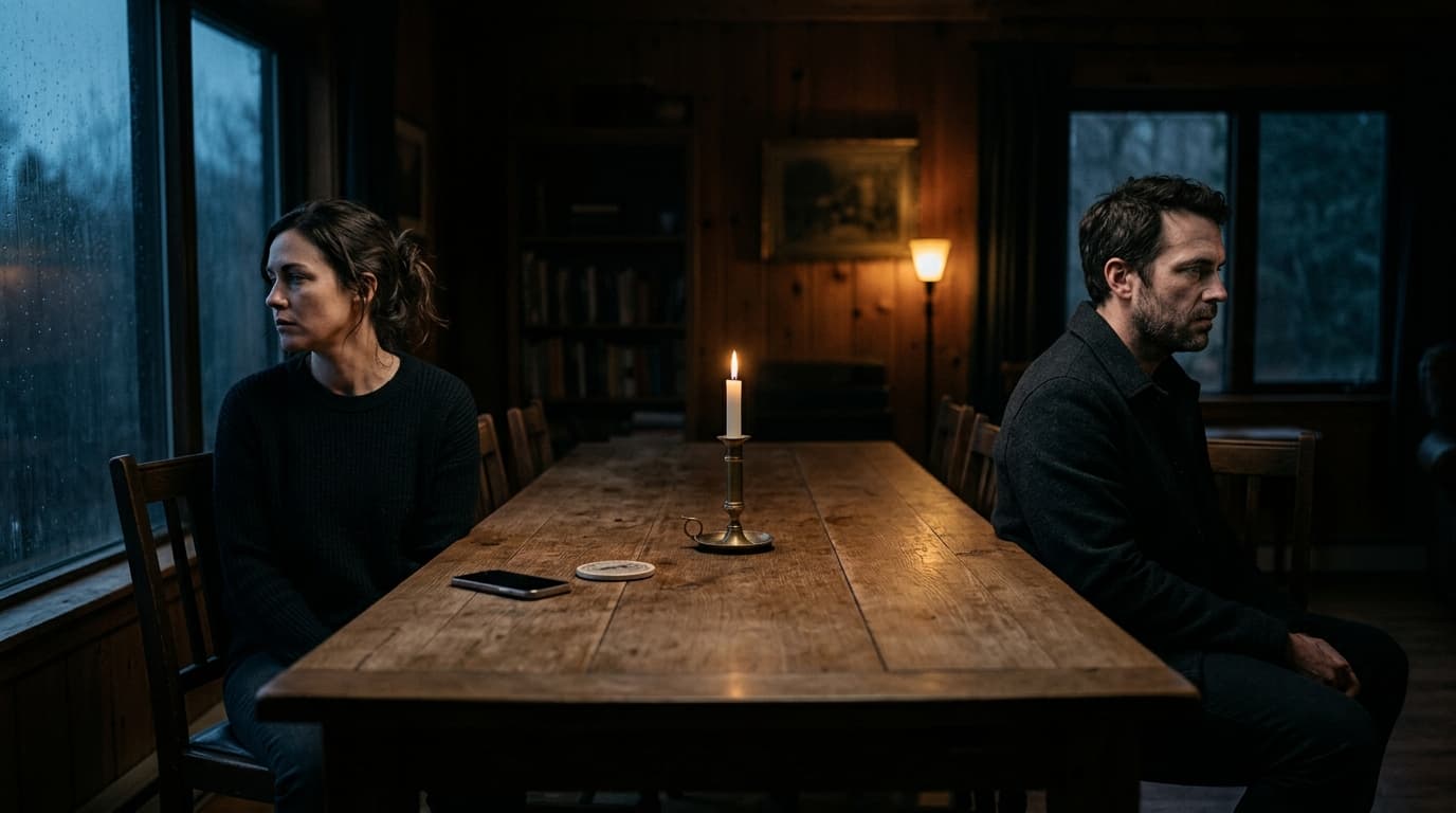 A couple sits on opposite ends of a long wooden dining table, a single flickering candle between them. A discarded smartph...