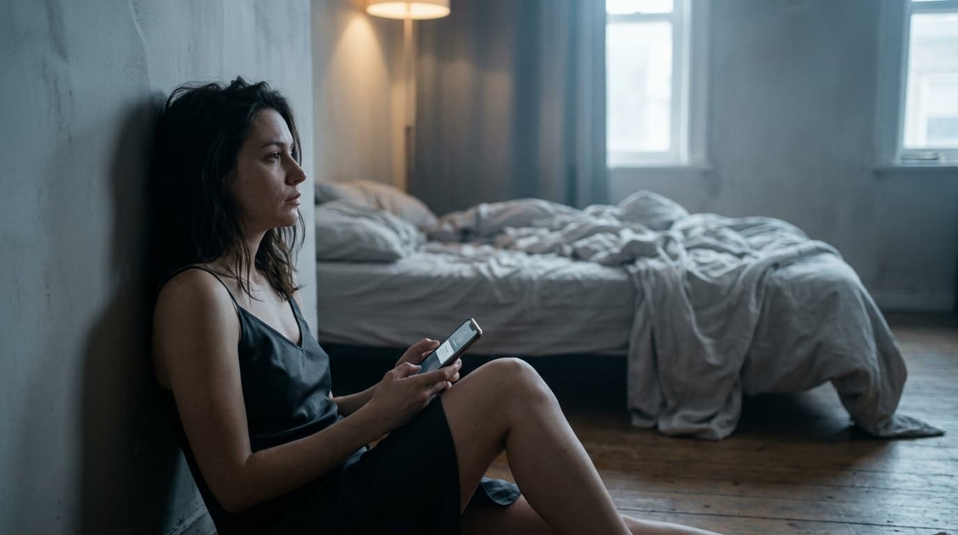 A woman in a silk slip dress sits on the floor by a bare wall, holding a phone with a deleted app notification visible, st...