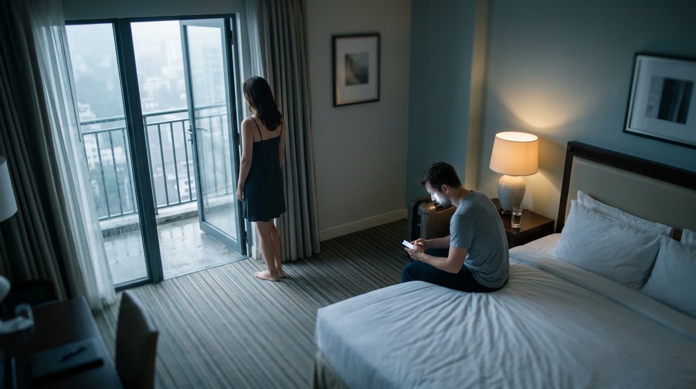 A man in a plain t-shirt sits at the far edge of a sterile hotel bed, staring at his phone, while a woman in a slip dress...