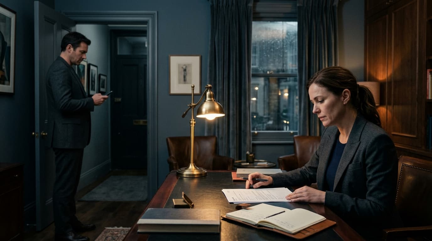 A woman in a structured blazer sits alone at a mahogany desk, looking at a printed questionnaire. A man in a suit jacket s...