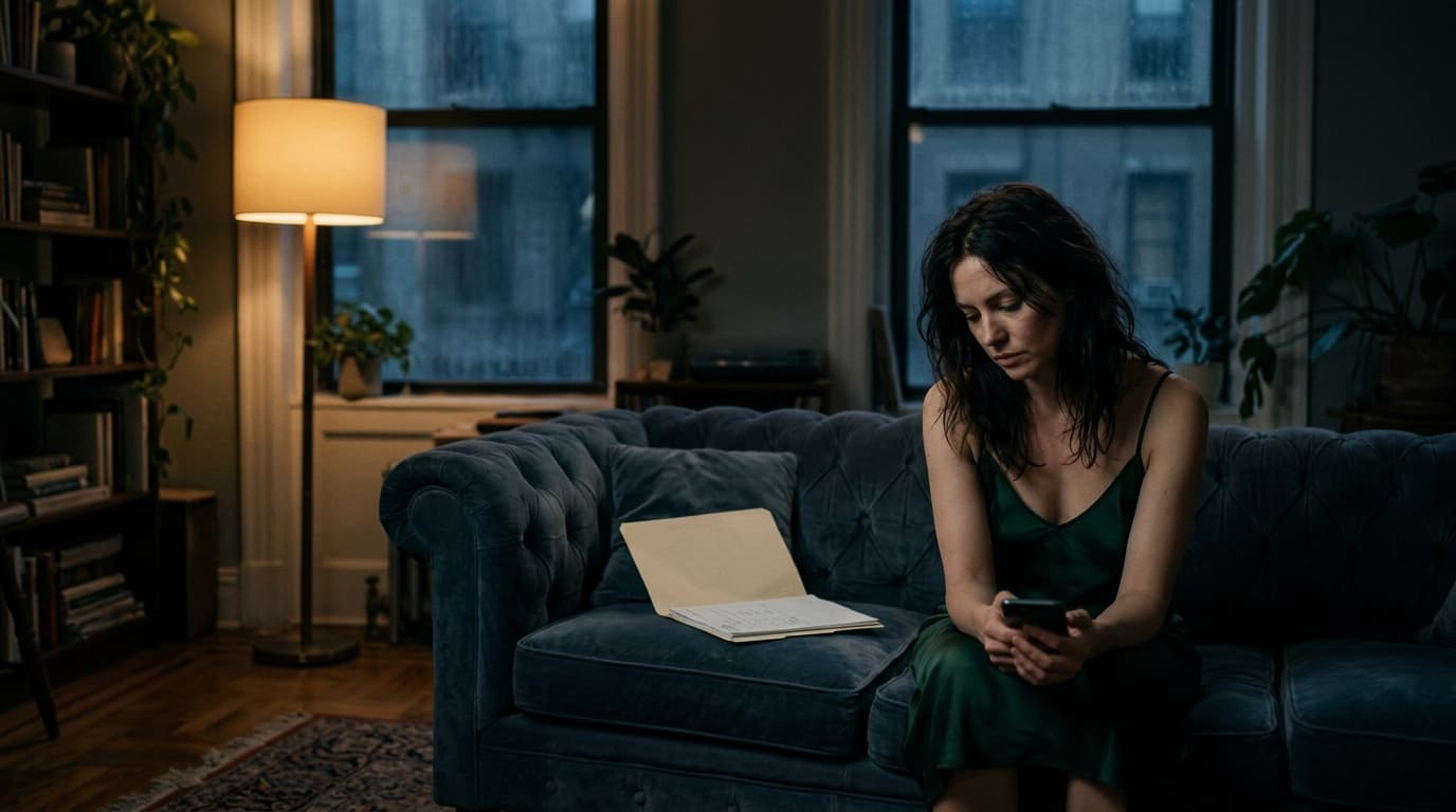 A woman in a silk slip dress sits on the far edge of a velvet sofa, staring at a darkened smartphone screen while a neatly...