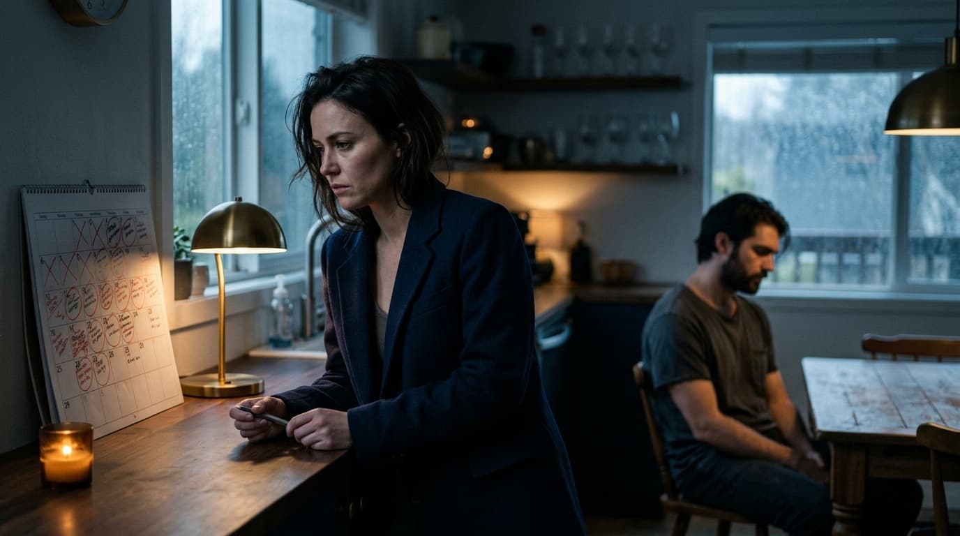 A woman in a structured blazer stands at a kitchen counter, staring at a calendar marked with red ink, while a man in a t-...