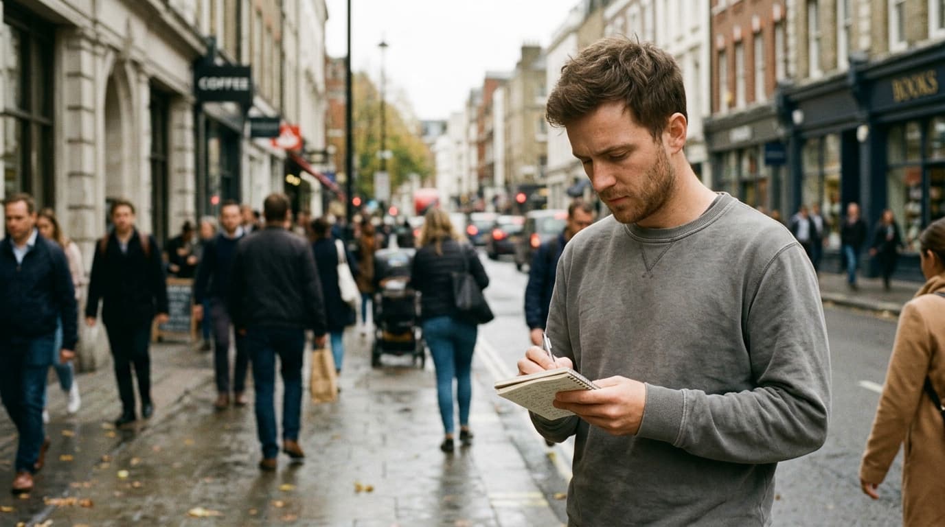 A man in a plain grey crewneck sweater stands on a bustling city sidewalk, gazing downward at a notebook, his expression p...