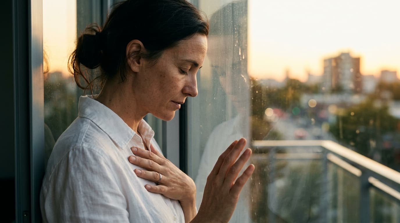 A woman in a crisp white linen shirt leans her forehead against a cold glass balcony door at sunset, eyes closed, hand res...