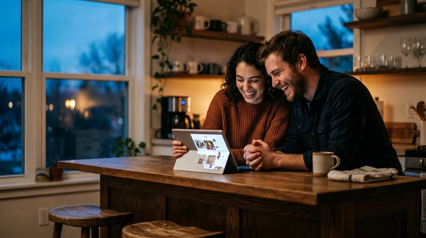 A couple sits at a kitchen island, heads leaning close over a tablet displaying dating app profiles, laughing while their...