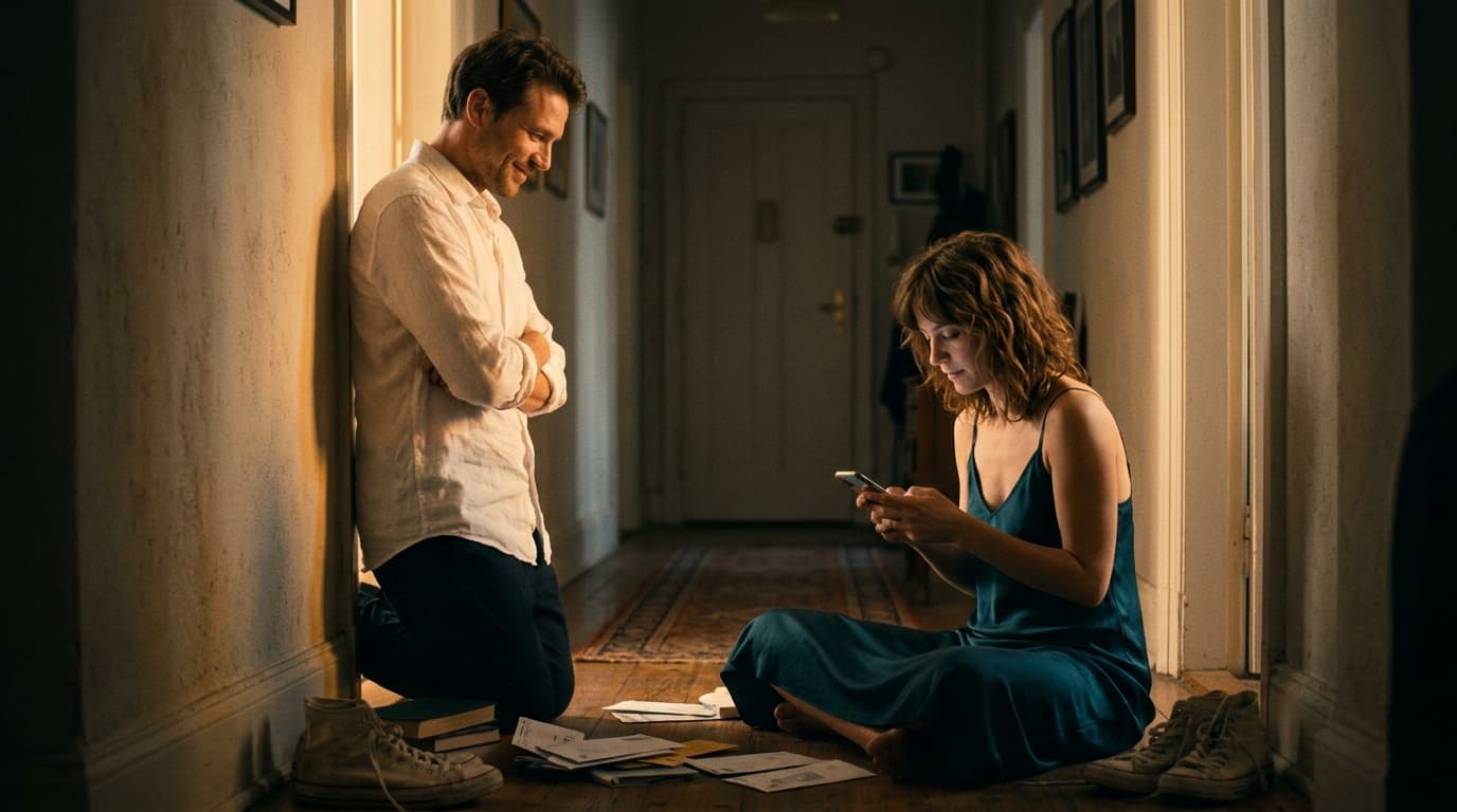 A woman in a silk slip dress sits on a cluttered hallway floor, holding a smartphone, while a man in a crisp linen shirt l...