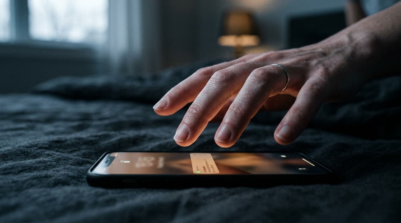 Extreme 100mm macro shot of a woman’s hand trembling as she hovers over a glowing smartphone screen. Her fingertips are pa...