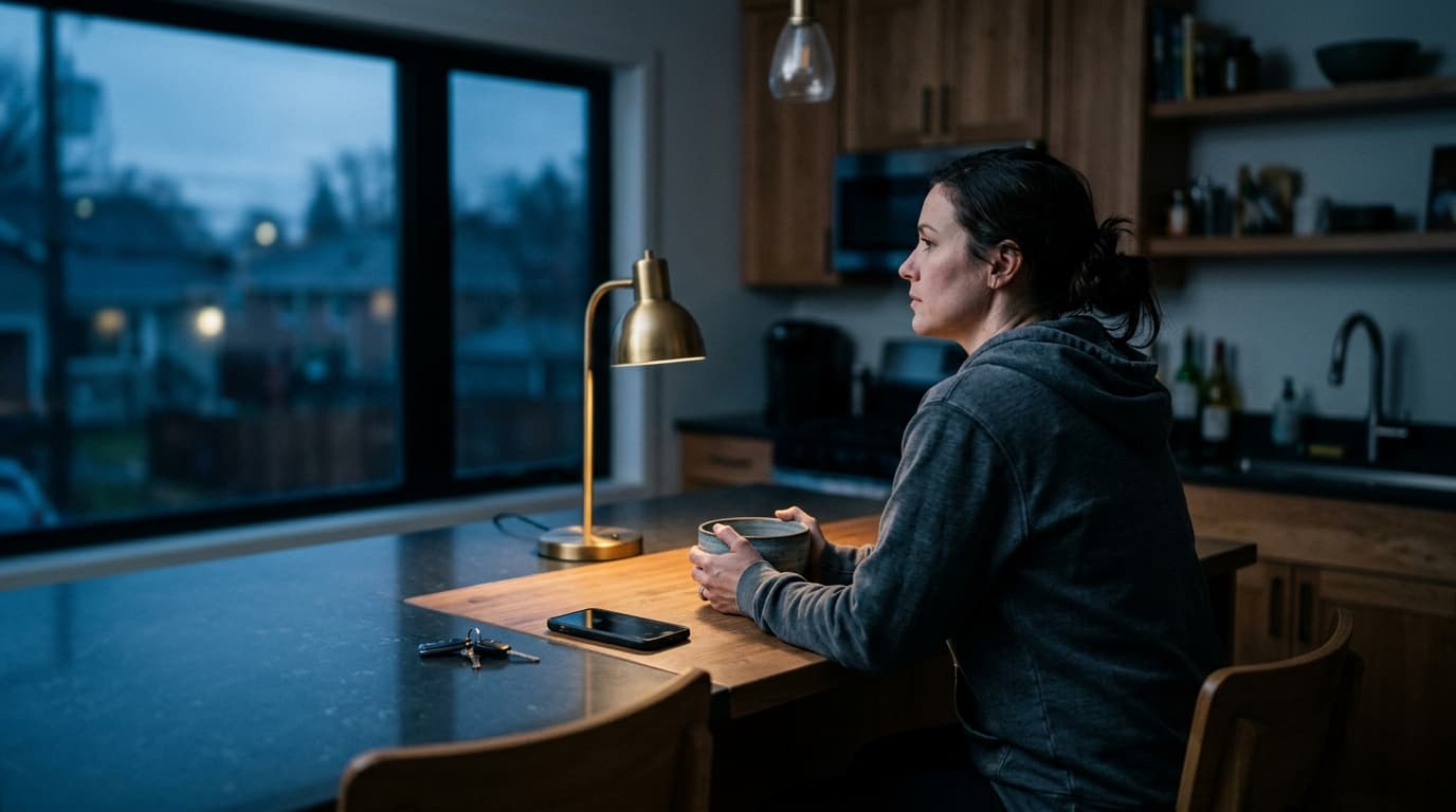 Blue hour, tilt-shift focus on a woman in a grey hoodie sitting at a kitchen island. Her phone lies face-up, untouched, as...