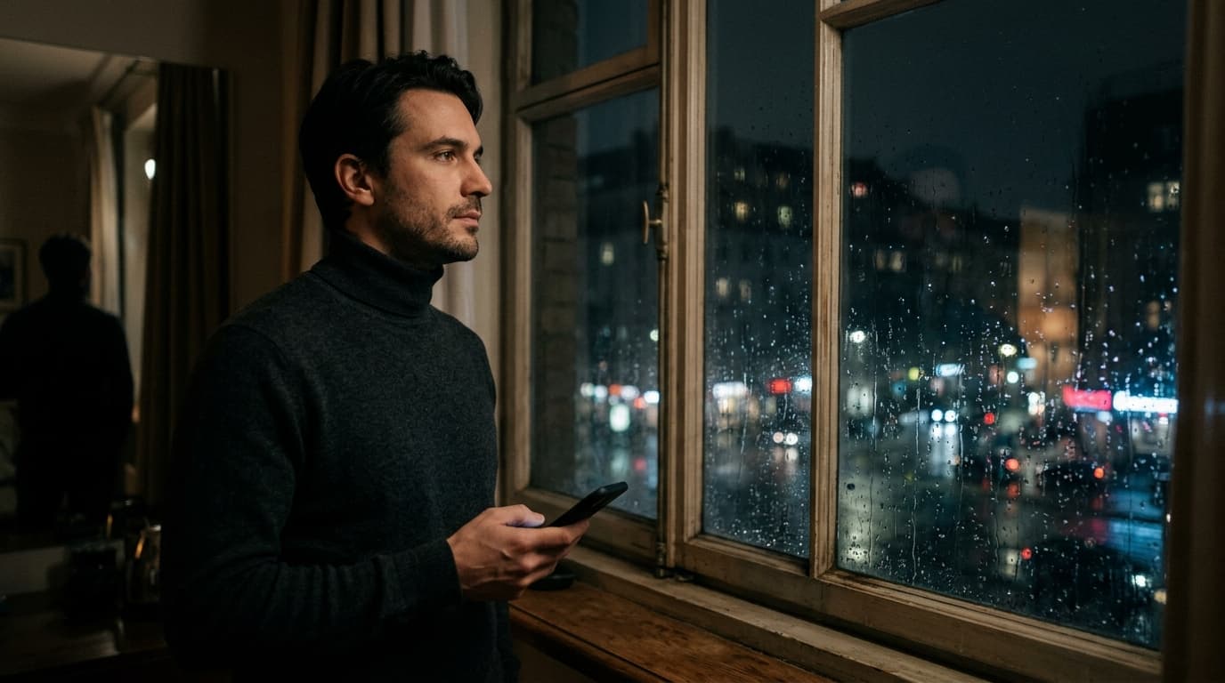 A man in a charcoal turtleneck gazes out a rainy apartment window at midnight. He holds a smartphone loosely, his expressi...
