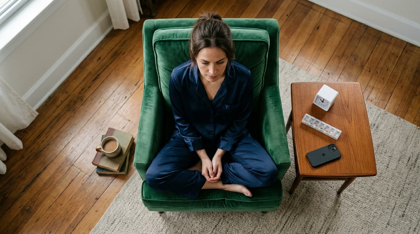 Overhead flat-lay, 24mm wide-angle. A woman in a silk pajama set sits centered on a velvet chair. On a side table, a timer...