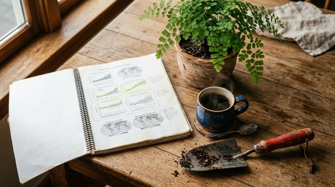 An open, highlighted climate report rests on a wooden table beside a thriving potted fern, a single ceramic mug of steamin...