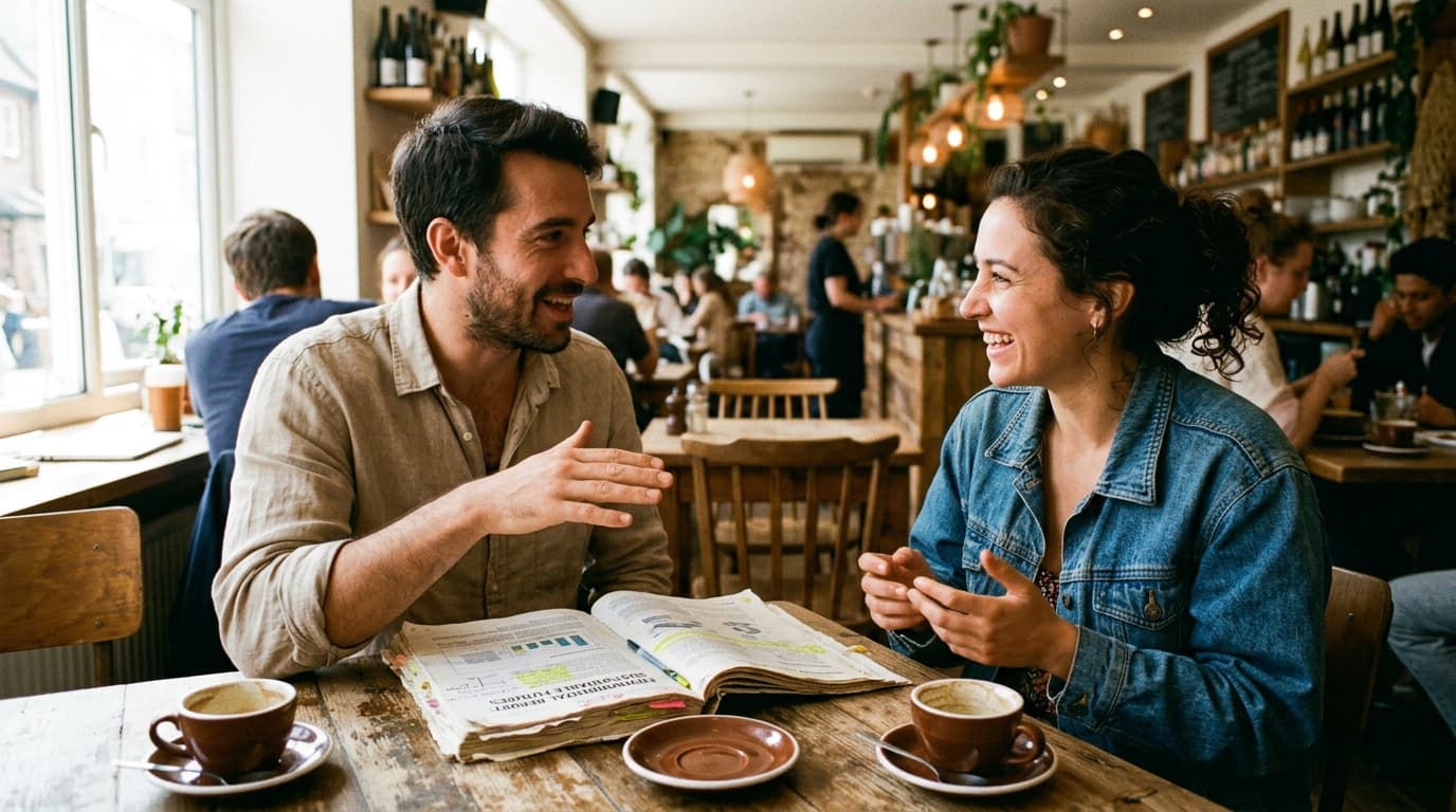 A man in a linen shirt and a woman in a thrifted denim jacket sit across a small table, gesturing over a worn copy of an e...