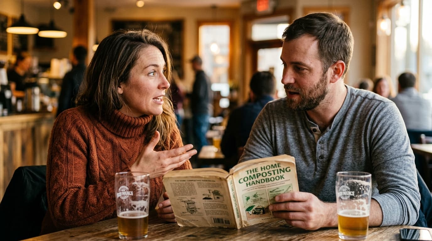 A woman in a knitted turtleneck and a man in a cotton henley sit across a small table, animatedly debating over a composti...