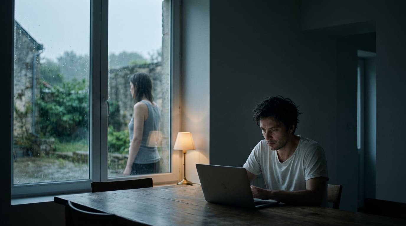 A man in a plain white t-shirt sits at the far edge of a wooden dining table, staring at a laptop, while a woman in a grey...