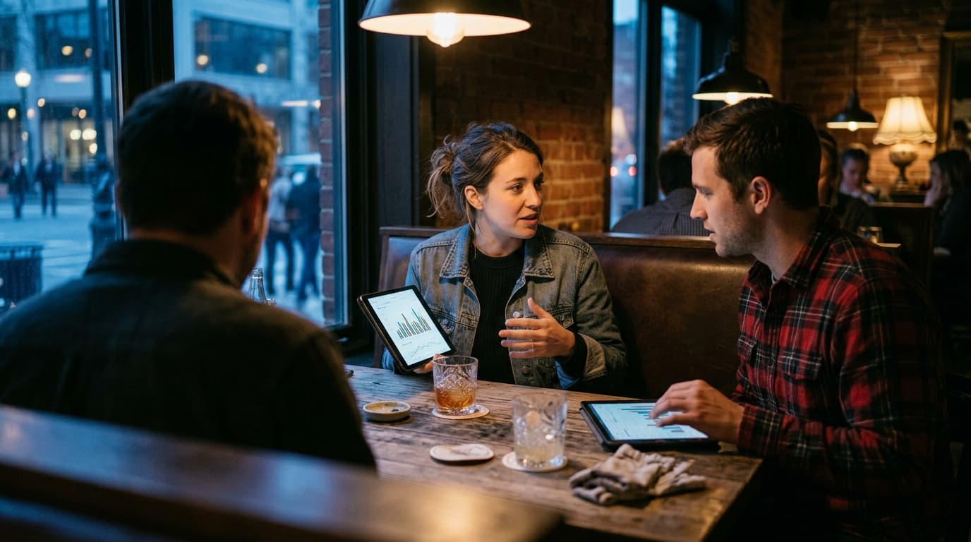 A man in a flannel shirt and a woman in a denim jacket sit at a dimly lit corner booth, holding tablets displaying financi...