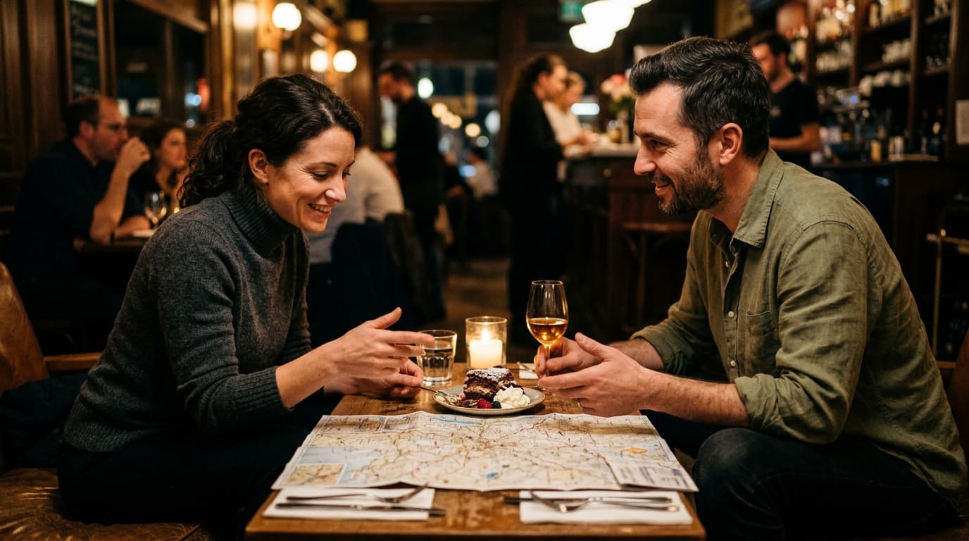 A woman in a turtleneck and a man in a linen shirt sit across a low lounge table, sharing a roadmap printout, gesturing to...