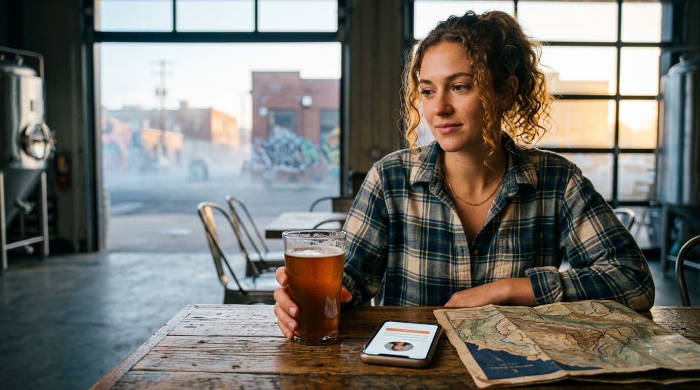 A woman in a flannel shirt sits at a sunlit RiNo brewery table, holding a craft beer. An open smartphone displaying a dati...
